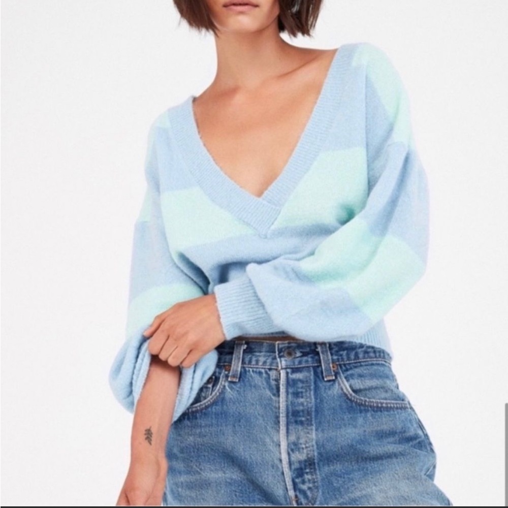 For Love And Lemons Light Blue & Mint Striped V-Neck Sweater
